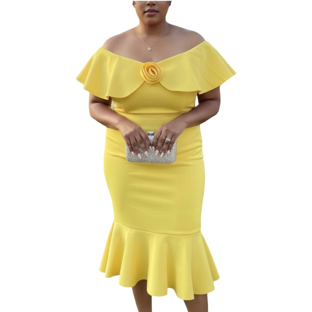 A368  FT  Plus Size Chic Soft Glam Yellow Off-Shoulder Ruffle Midi Dress NWT 3XL
